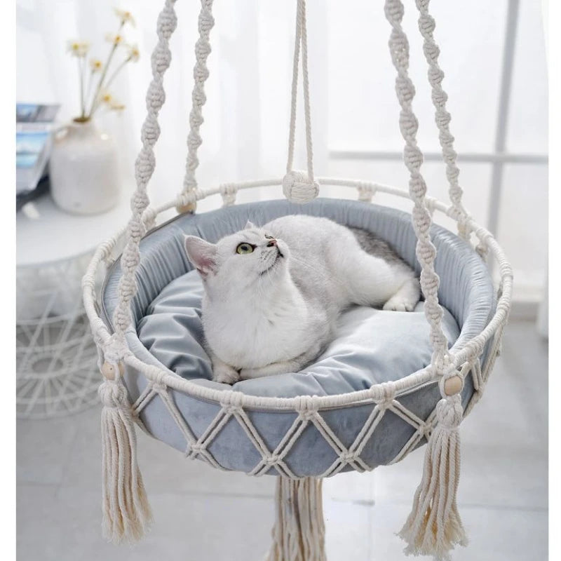 Bohemian Cat Hammock Swing Bed – Handwoven Cotton Macramé