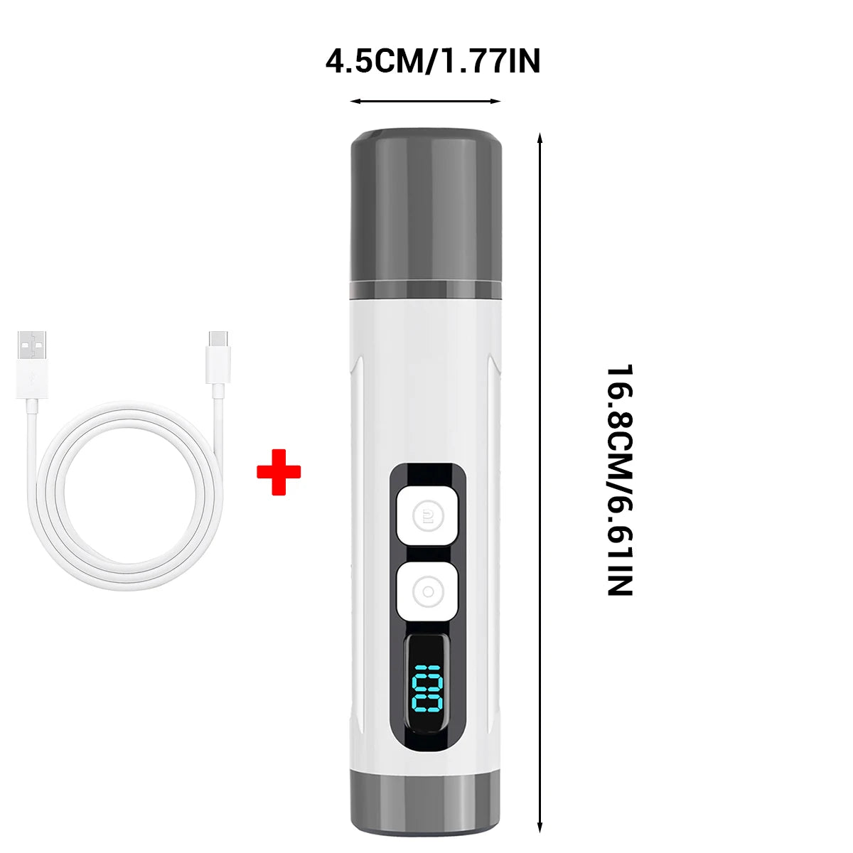 White electronic device with digital display and cable, shown with measurements on a white background.