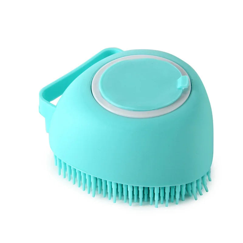 Turquoise silicone scrubber with bristles on a white background