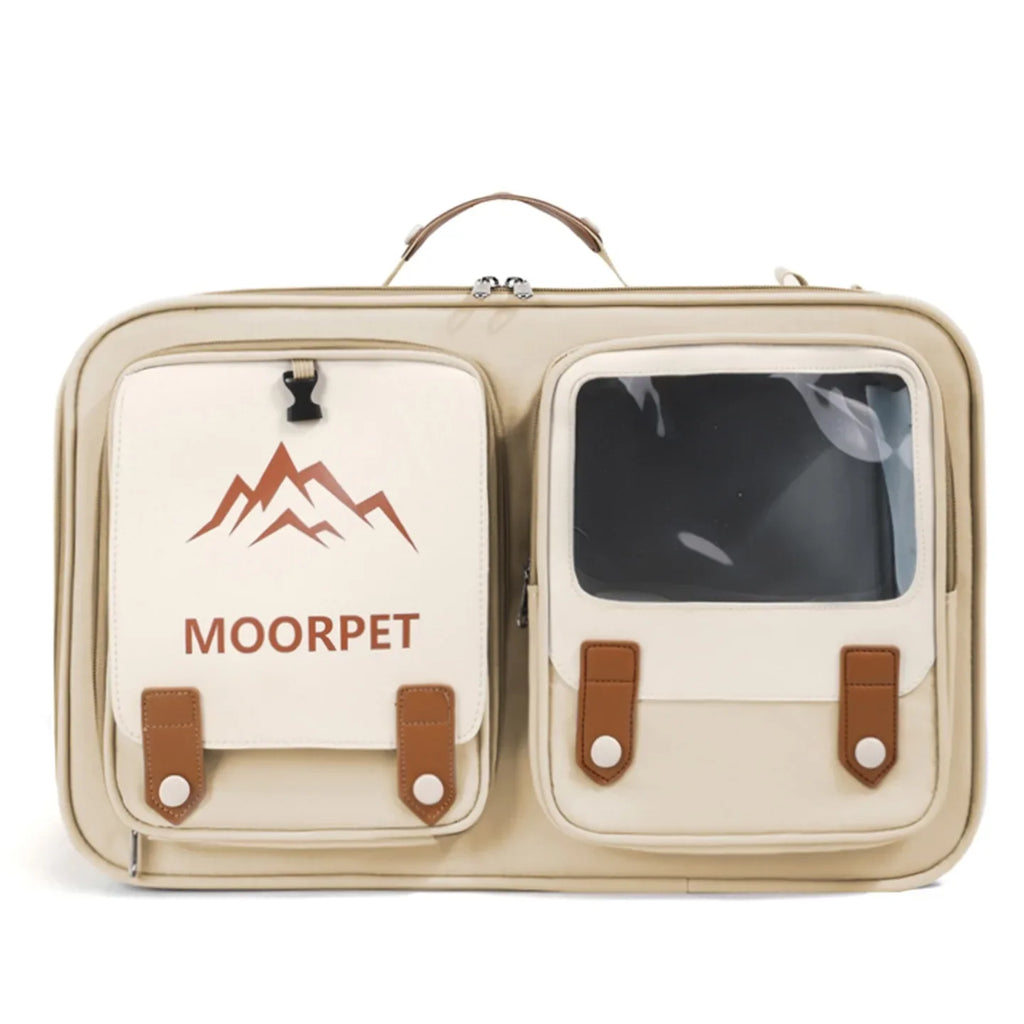 A beige pet carrier bag with two front pockets, one featuring a brown mountain logo and the word 'MOORPET', and the other with a clear window, on a white background.