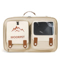 A beige pet carrier bag with two front pockets, one featuring a brown mountain logo and the word 'MOORPET', and the other with a clear window, on a white background.