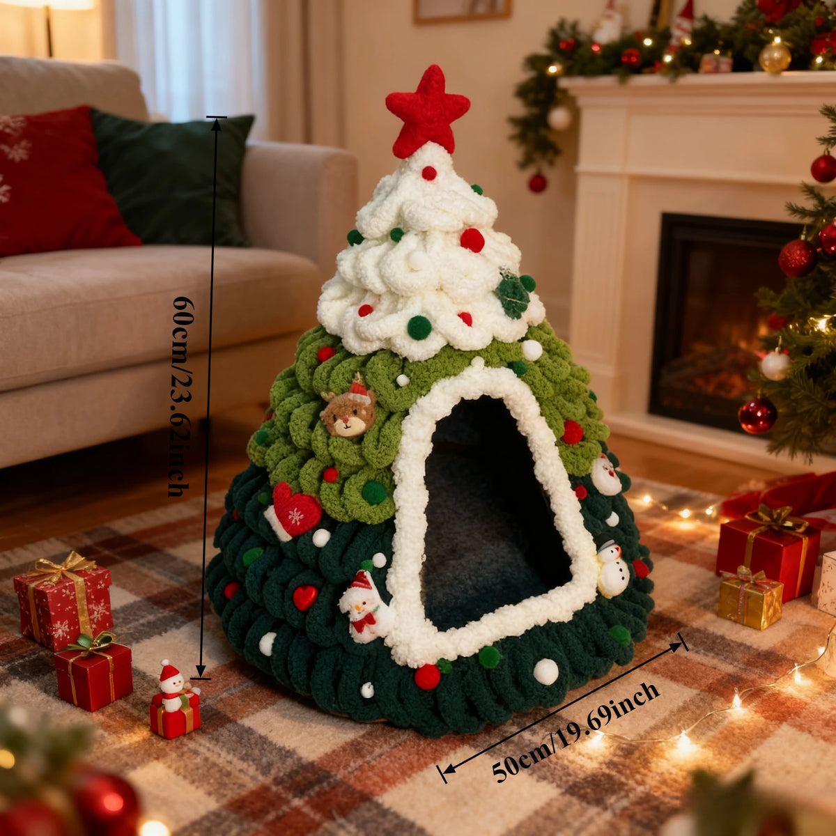 Decorative Christmas tree pet bed with measurements in a festive living room setting.