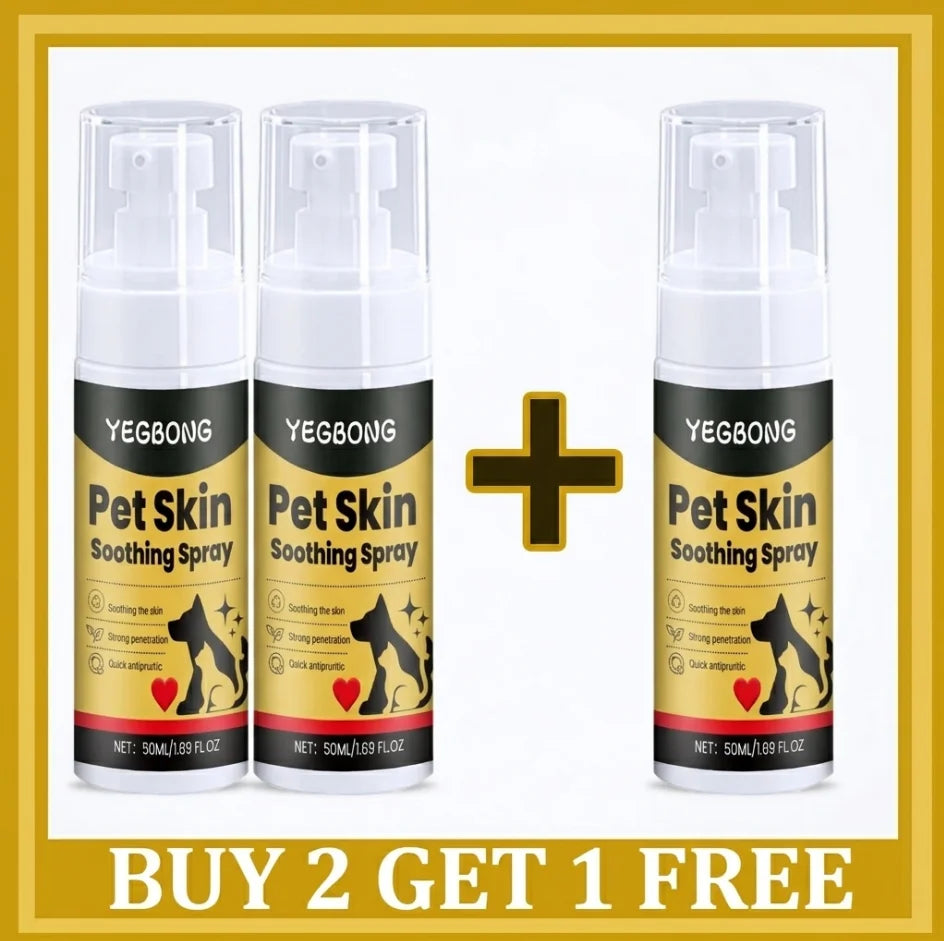 Three bottles of YEGBONG Pet Skin Soothing Spray arranged with two on the left and one on the right separated by a large plus sign, with a 'BUY 2 GET 1 FREE' banner at the bottom.