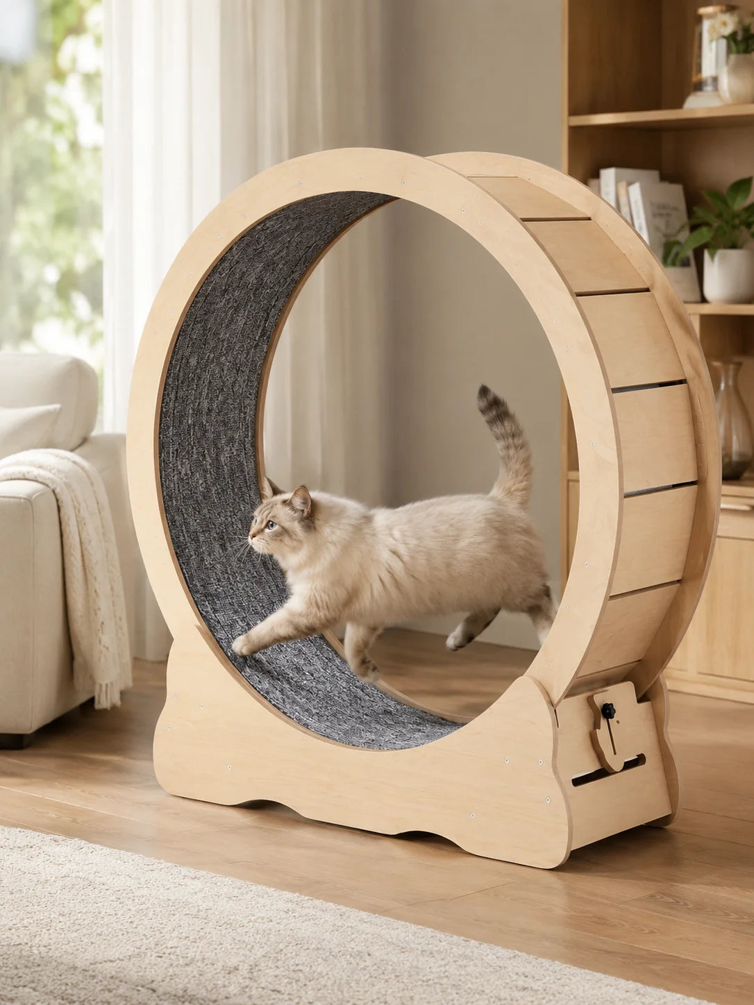 A light wood cat wheel with a gray textured inner surface, shown in a bright living room with a cream-colored cat running inside.