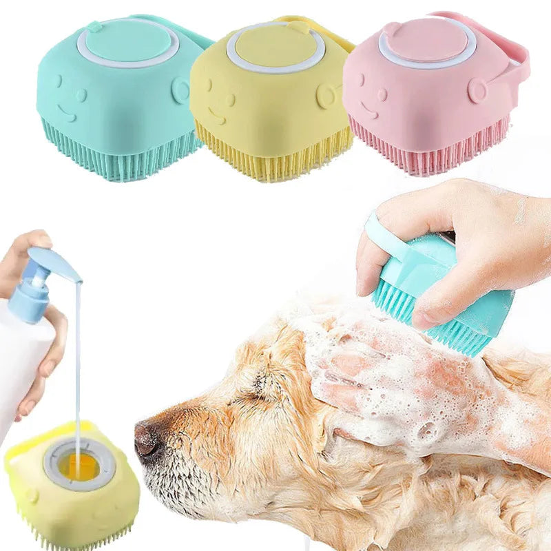 Three colorful pet grooming tools with a dog being groomed and a bottle of shampoo.