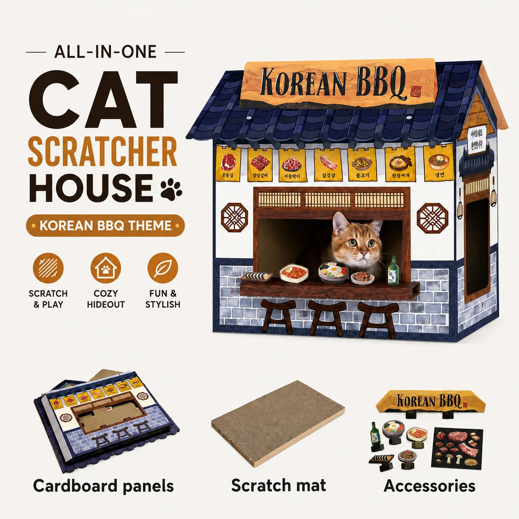 A cat scratcher house designed in a Korean BBQ theme, featuring a cardboard panel cat inside a miniature restaurant-style structure with a dark blue tiled roof, wooden window frame, and food-themed decorations. The image includes labeled callouts for cardboard panels, a scratch mat, and accessories, on a clean light beige background.