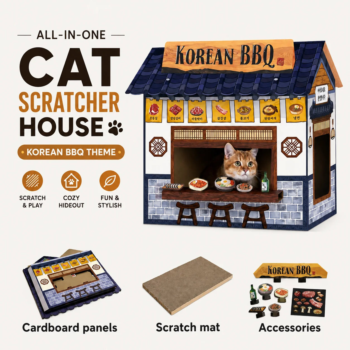 A cat scratcher house designed in a Korean BBQ theme, featuring a cardboard panel cat inside a miniature restaurant-style structure with a dark blue tiled roof, wooden window frame, and food-themed decorations. The image includes labeled callouts for cardboard panels, a scratch mat, and accessories, on a clean light beige background.