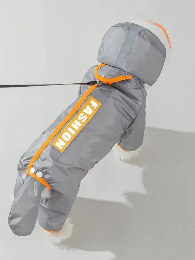 A gray dog snowsuit with bright orange trim and a large orange 'FASHION' label on the back, shown on a light gray background.