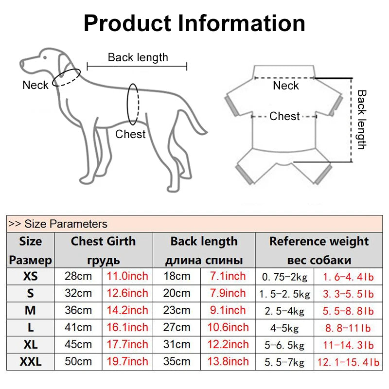 Size chart for dog clothing with measurements and weight reference
