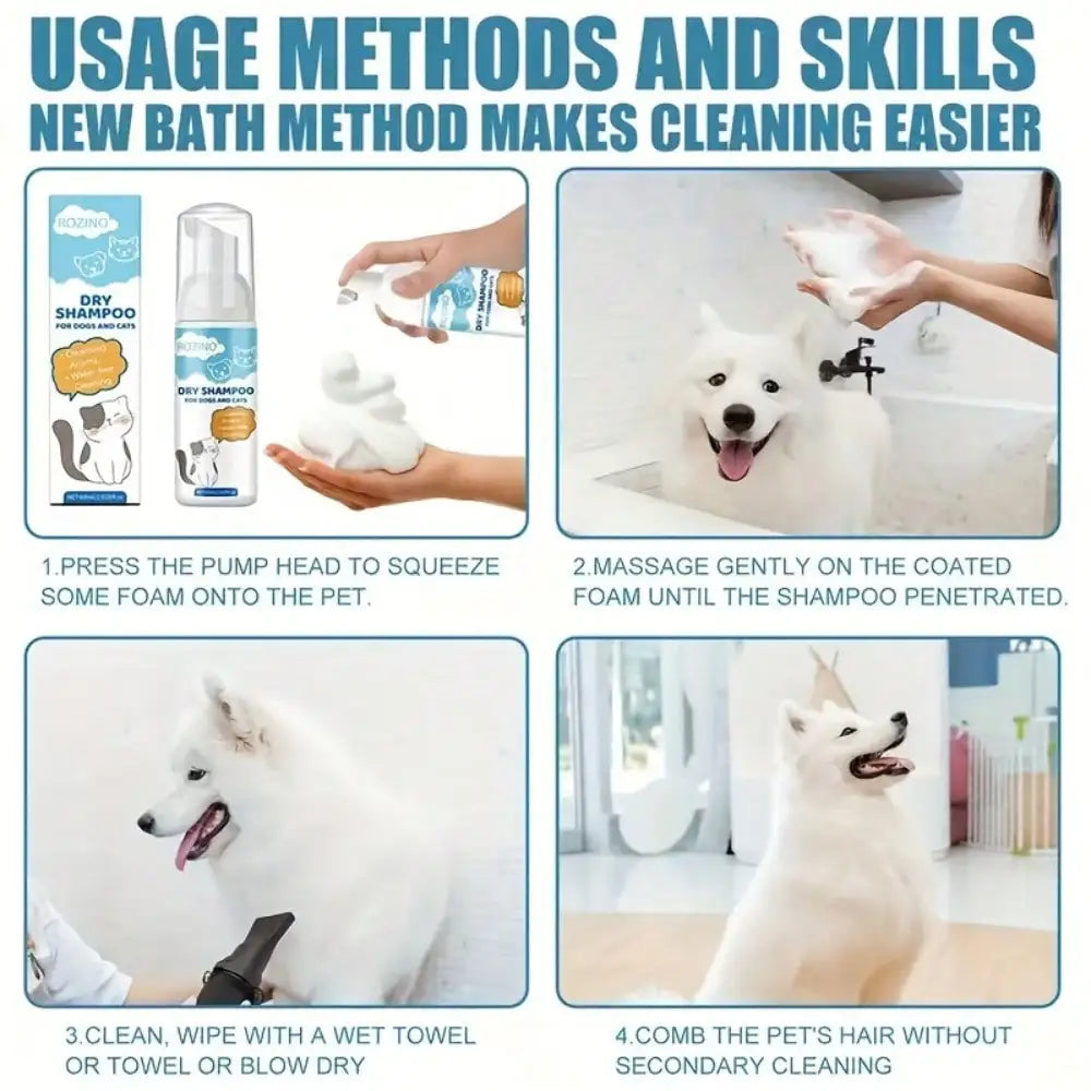 A four-panel instructional graphic titled 'USAGE METHODS AND SKILLS' showing how to use a pet shampoo bottle and demonstrate washing a white dog. The panels include product packaging and bottle imagery, foam application, towel wiping, and hair combing, with text instructions in English.