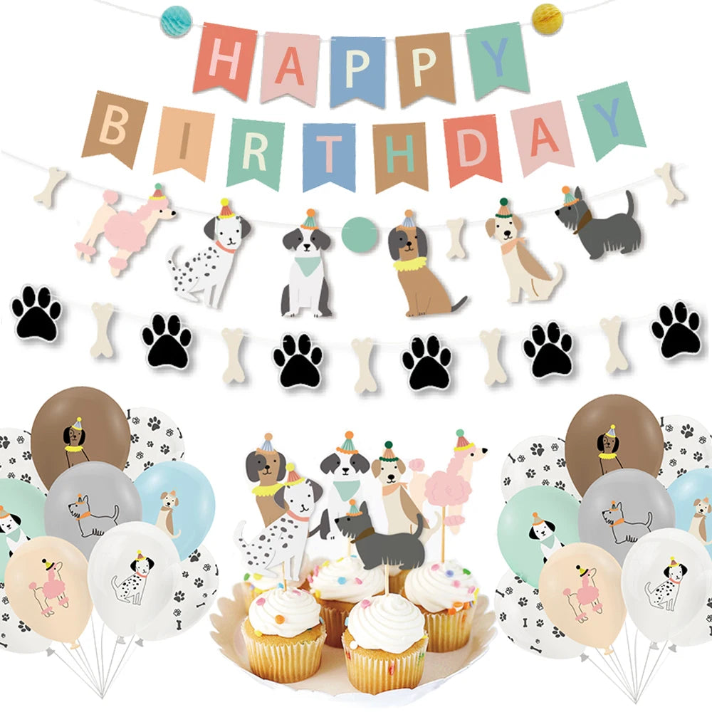 Dog Birthday Party Decoration Set – Banner, Balloons & Cake Decor for Pets