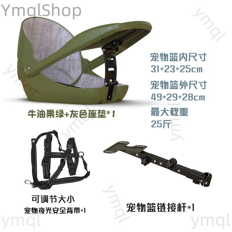An olive green pet carrier seat with a gray fabric insert, shown open on a white background with Chinese text and accessories: a black pet harness, a metal attachment bar, and size measurements printed in blue.