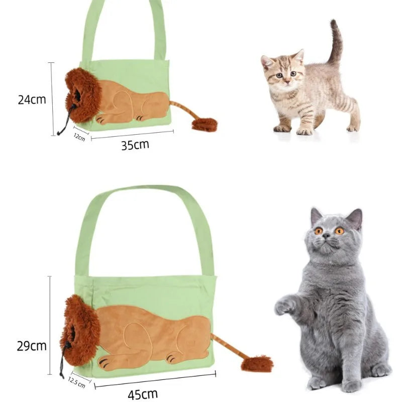 Cat toy with lion design and measurements, next to two cats on a white background