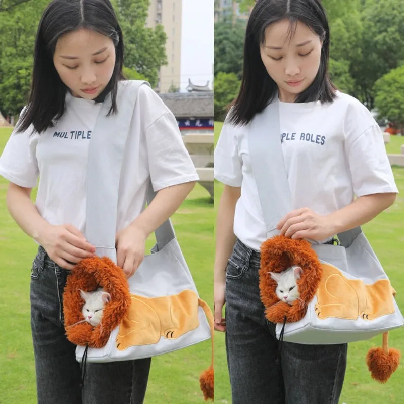 A woman outdoors wearing a white graphic T-shirt and dark jeans, holding a plush lion-face pet carrier bag with a white cat inside. The bag has a white body, orange-brown mane, and a fluffy tail, shown in a split view of the same product being demonstrated.