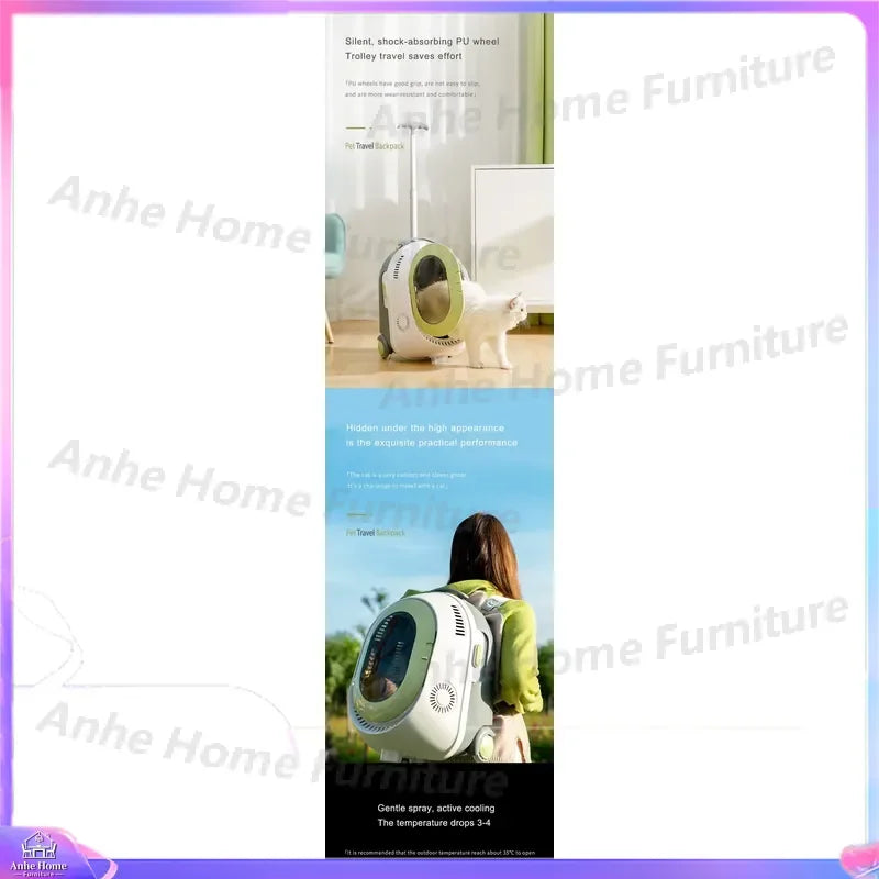 A tall promotional collage showing a pet cat carrier in two scenes: one with a white cat sitting inside in a bright room, and one with a woman wearing a green backpack-style carrier outdoors. The collage includes large diagonal 'Anhe Home Furniture' watermarks and a thin purple border around the image.