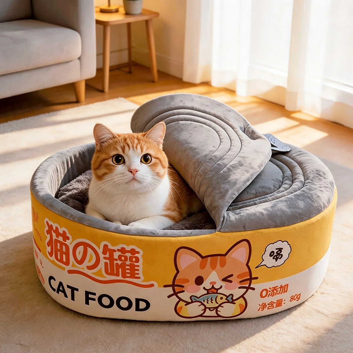 An orange and white cat sits inside a round, cushioned pet bed designed to look like a cat food can. The bed has a yellow and white printed label with the text 'CAT FOOD' and Japanese characters, and a gray plush lid resting on top.