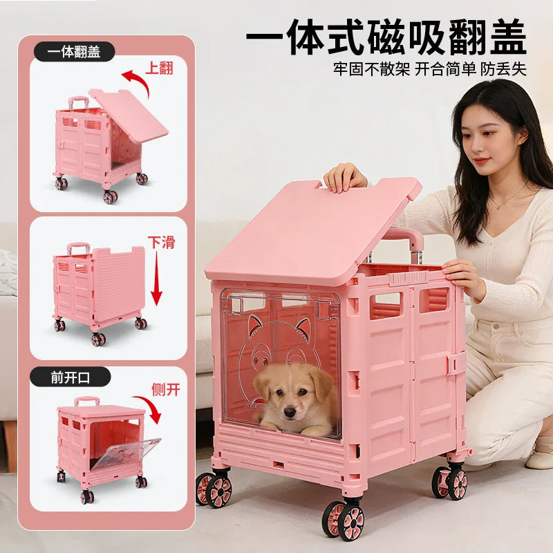 A pink foldable pet carrier cart with wheels and magnetic lid features, shown with a woman kneeling beside it and a small dog inside. The image includes inset diagrams on the left explaining lid opening, sliding, front mouth opening, and side opening, with Chinese text overlays.