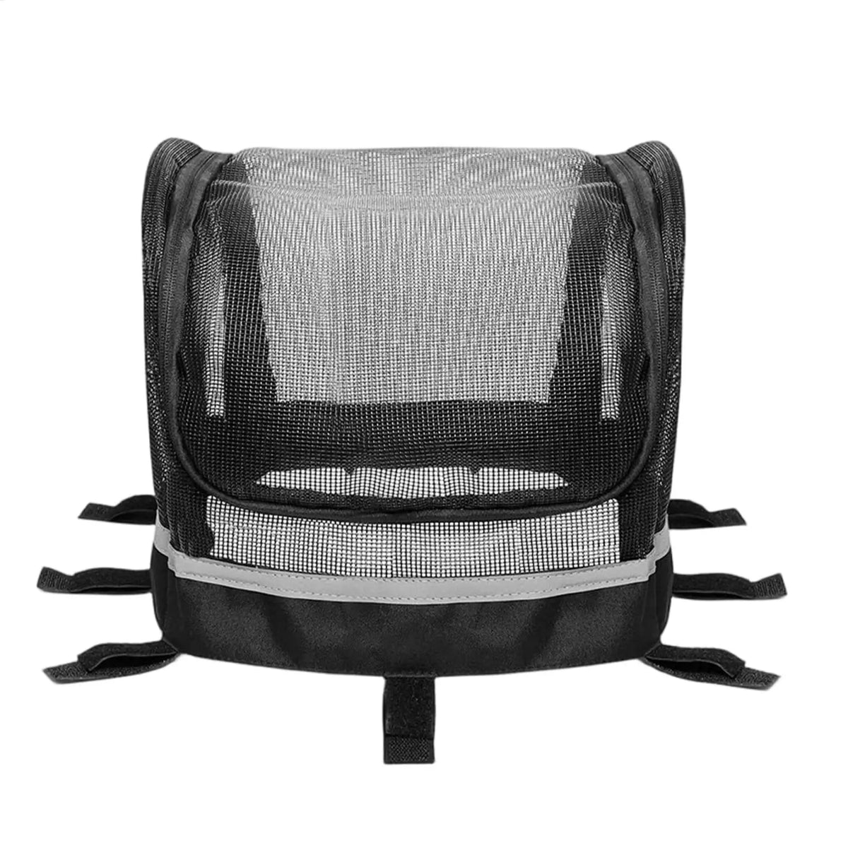 A black mesh pet carrier backpack with a front flap and adjustable straps, shown against a plain white background.