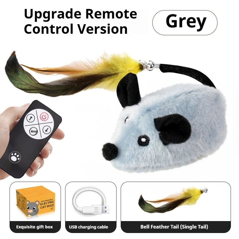 Cat toy with remote control and feather attachment on a white background