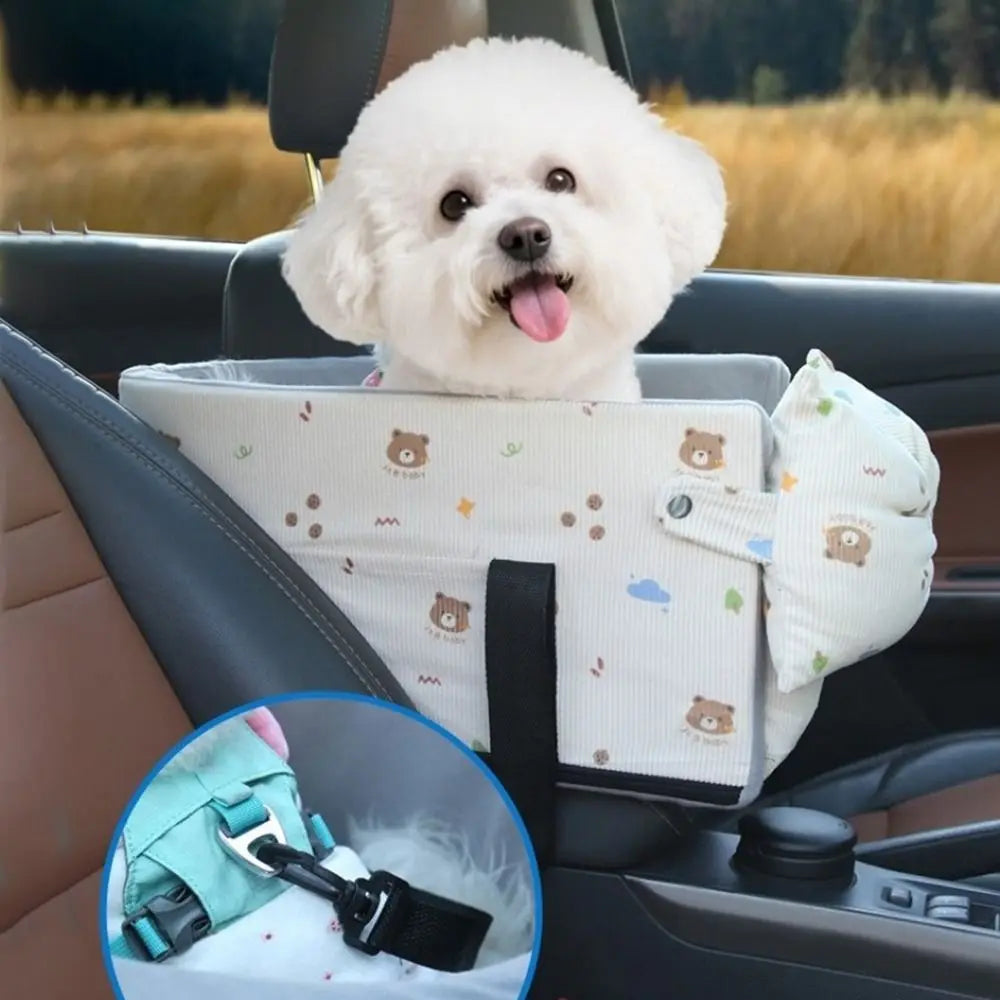 Cartoon Dog Car Seat with Safety Leash | Soft Corduroy Pet Booster Seat for Small Dogs