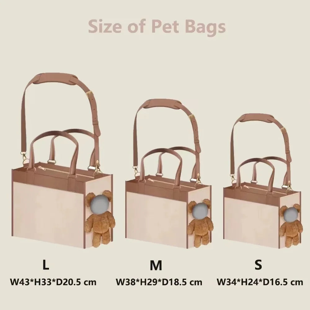 Three pet bags labeled L, M, and S with teddy bears inside on a beige background.