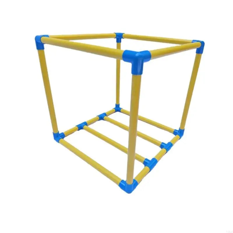 A plastic cube-shaped frame toy with yellow poles and blue corner connectors, shown on a plain white background.