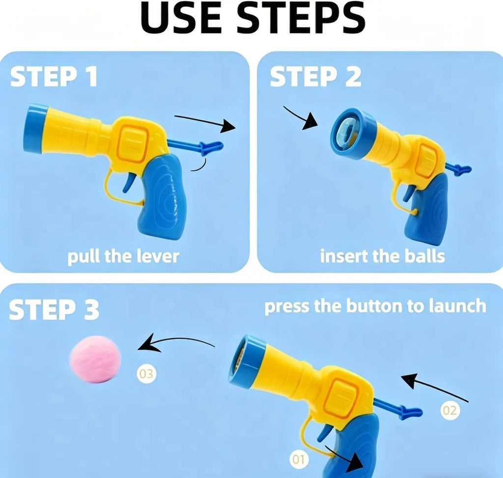 Instructional graphic showing how to use a yellow and blue toy water blaster in three steps: pull the lever, insert the balls, and press the button to launch. A pink ball is shown launching after use on a light blue background with the heading 'USE STEPS'.