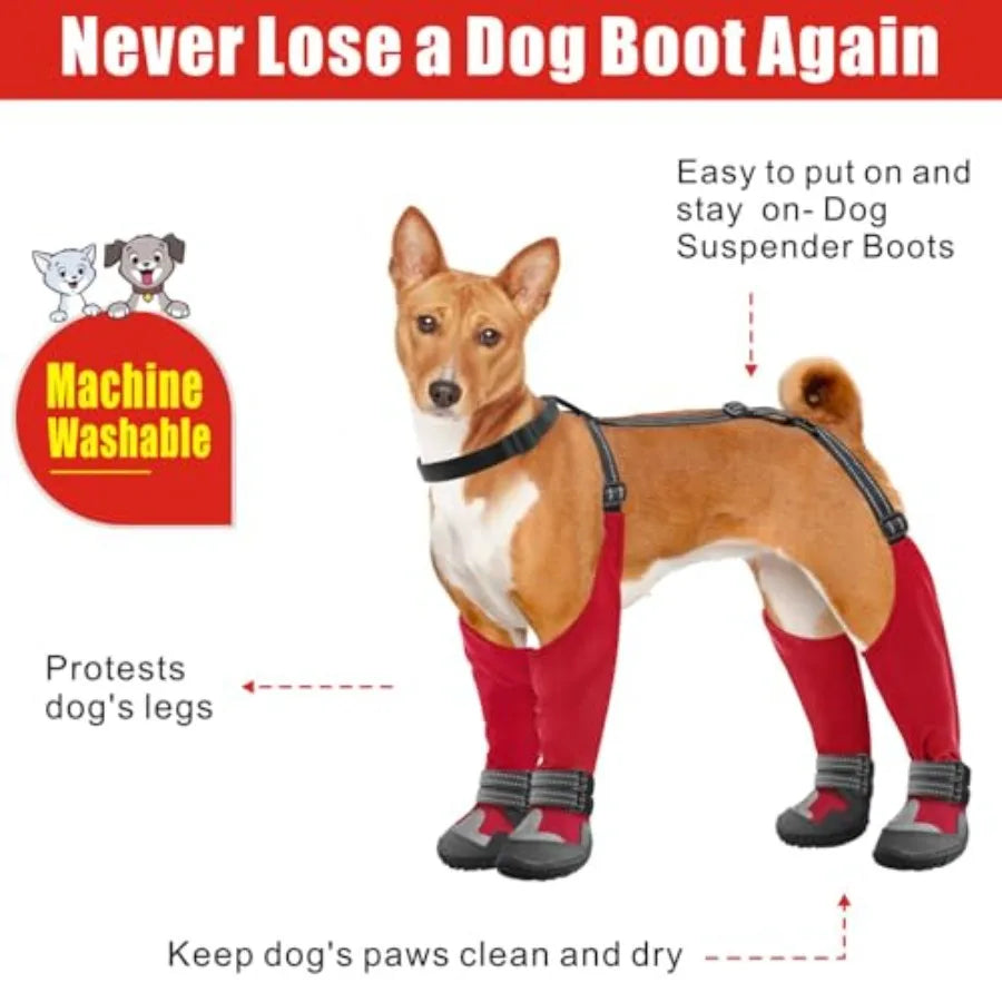 A dog wearing red leg boots and a black harness, shown on a white background with marketing text and callouts about machine washability and leg protection.