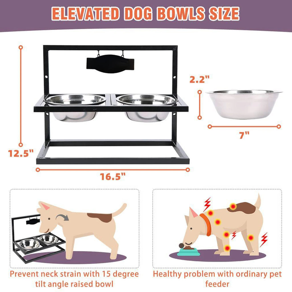 Elevated double dog bowl pet feeder with dimensions shown, including a black metal frame, two stainless steel bowls, and measurement lines indicating 12.5 inches tall by 16.