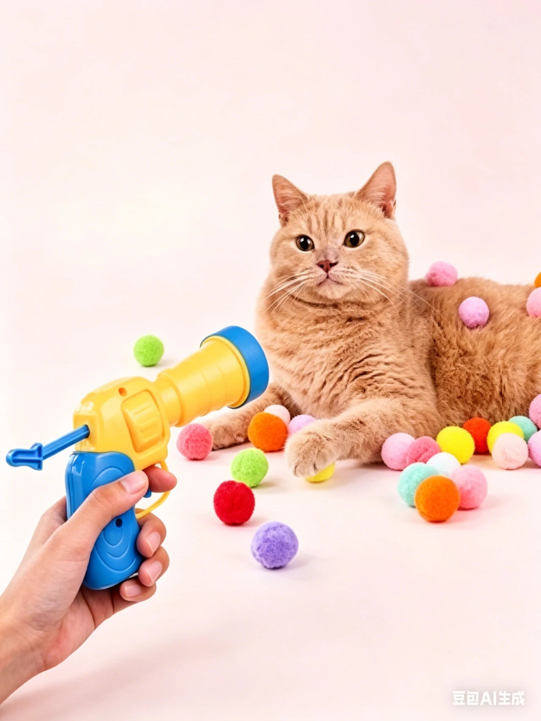 A fluffy orange cat lies on a pale pink studio background while colorful pom-pom balls are scattered around it. A human hand holds a blue and yellow toy gun pointed toward the cat.