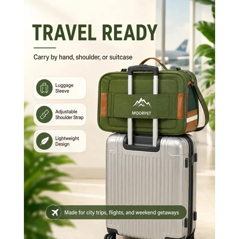 An olive green MOORPET travel organizer bag with brown and white side accents, shown carrying a silver rolling suitcase. The image includes marketing text and icons highlighting features like being a luggage sleeve, having an adjustable shoulder strap, and being lightweight.