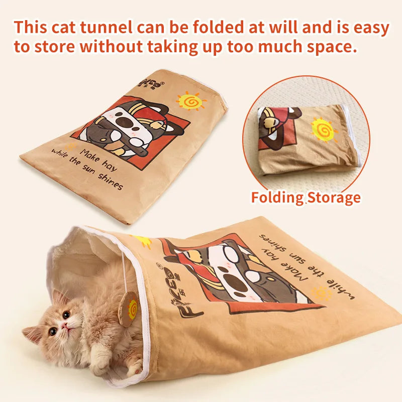 Cat tunnel with cartoon design and text, shown in folded and unfolded states on a beige background.