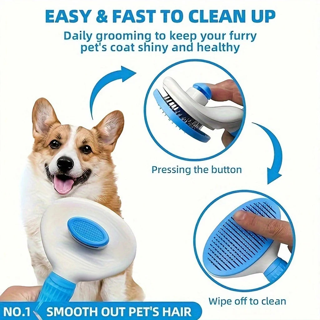 A pet grooming brush shown with a corgi dog and instructional text and callouts about pressing the button and wiping hair off, on a white background.