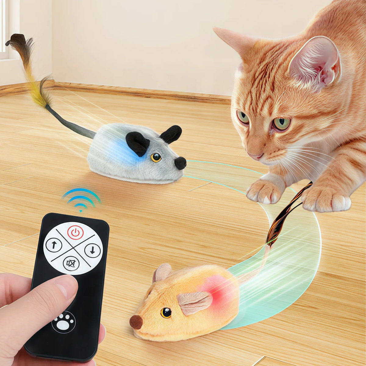 Cat playing with a remote-controlled toy mouse on a wooden floor.