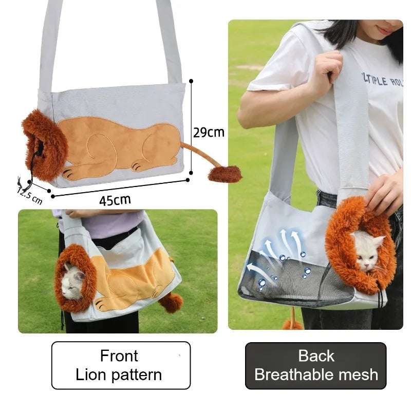 A pet carrier bag shown in a composite product graphic with front and back views, including a person wearing it outdoors. The bag is light gray with a lion-body design in tan and brown faux fur trim, plus measurement labels and text reading 'Front Lion pattern' and 'Back Breathable mesh'.