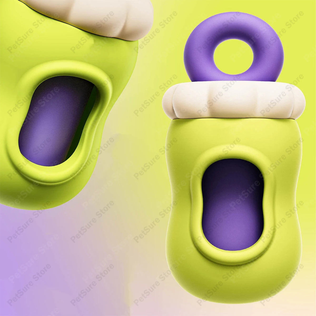 Two silicone baby teething toys with a bright lime green body, purple inner mouth, and cream-colored top collar, shown on a pale yellow-to-lavender gradient background with repeated 'PetSuroStore' watermarks.