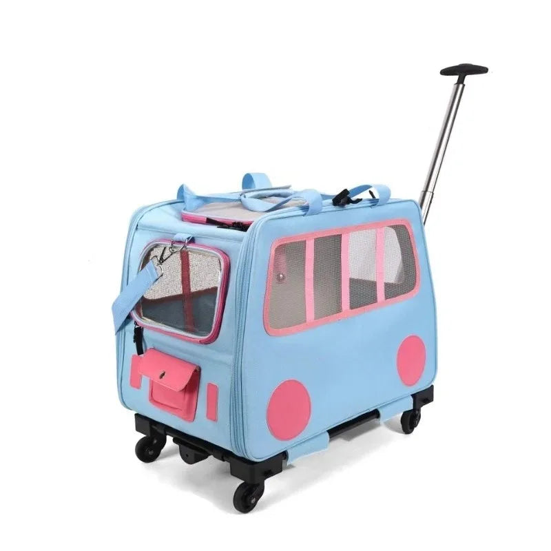 Pet carrier with pink accents on a white background
