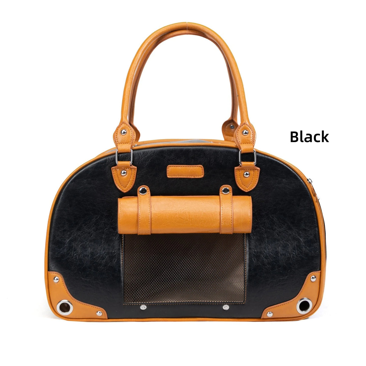 Pet carrier with black interior and brown exterior on a white background