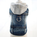 Denim dog vest with gray hoodie on a mannequin against a white background