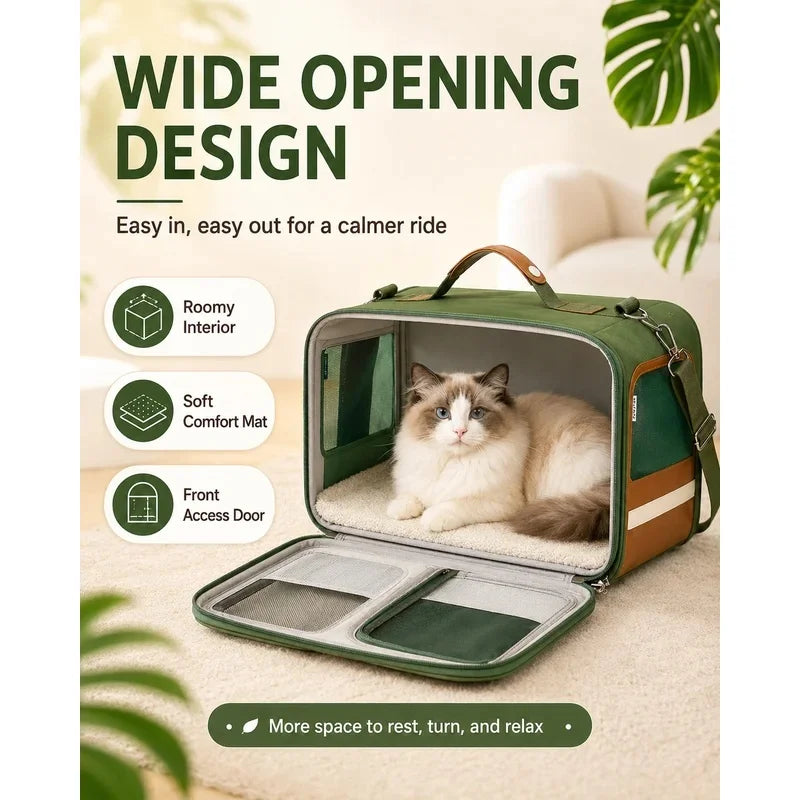 An olive green cat carrier bag with a fluffy white and gray cat inside, shown on a light beige floor with promotional text and icons highlighting its wide opening design, roomy interior, soft comfort mat, and front access door.