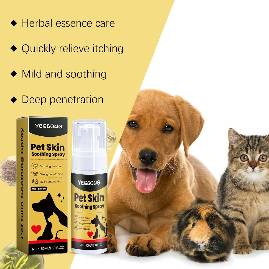 Yegbong Pet Skin Soothing Spray with a dog, cat, and guinea pig on a white background