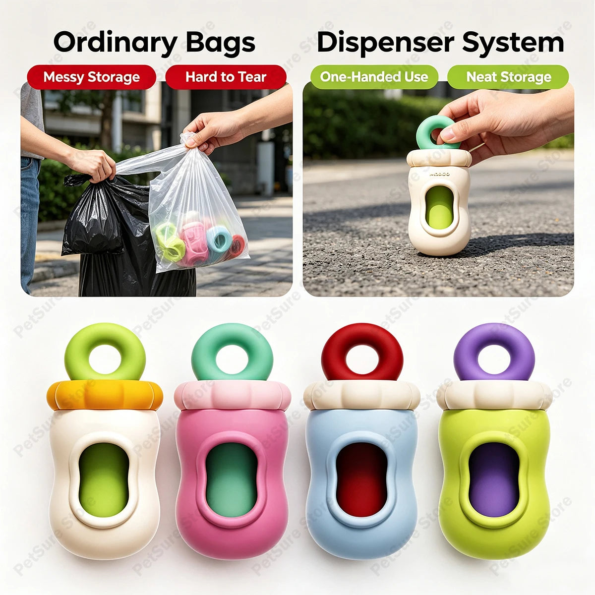 Promotional graphic for a reusable poop bag dispenser set. The top half shows usage comparisons: 'Ordinary Bags' with a hand holding a black trash bag versus a hand using the beige dispenser with colorful poop bags, and 'Dispenser System' with a hand holding the beige dispenser outdoors.