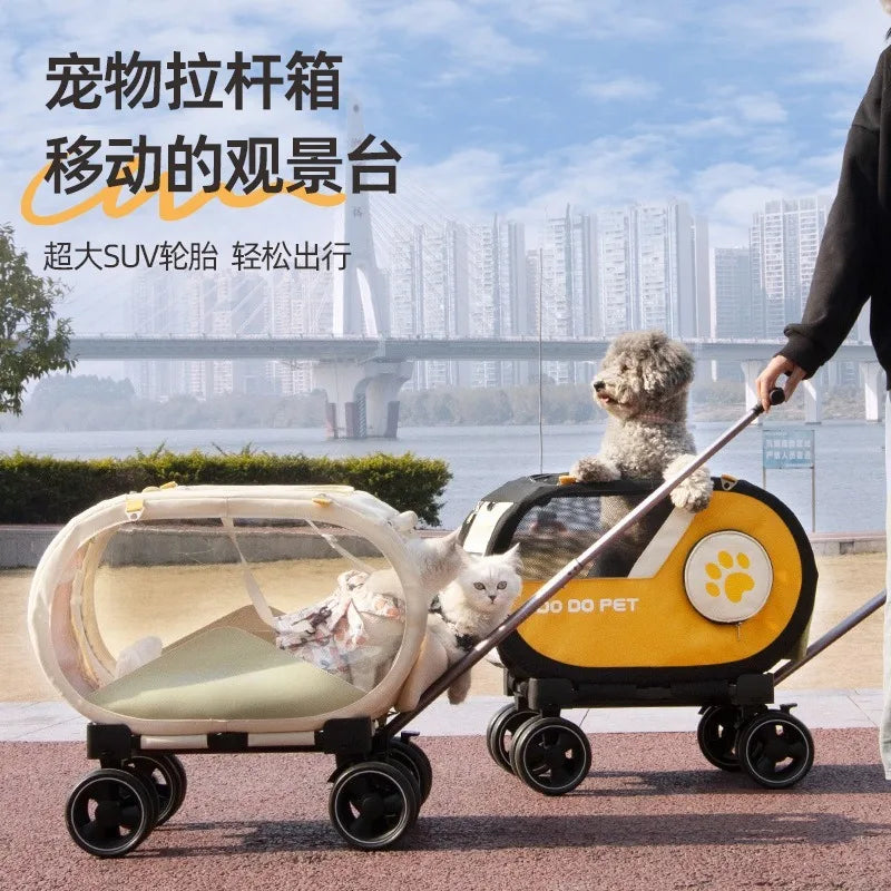 Two pet strollers with dogs and a person pushing one, set against a city waterfront background with Chinese promotional text overlay.