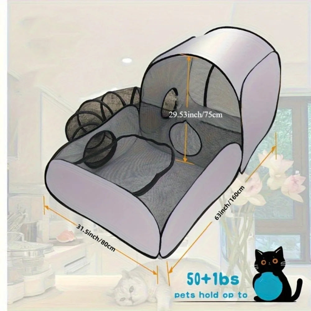 A pet playhouse tent with dimensions labeled in inches and cm, shown in a softly blurred indoor room background. The tent is light lavender-gray with black mesh panels and black trim.