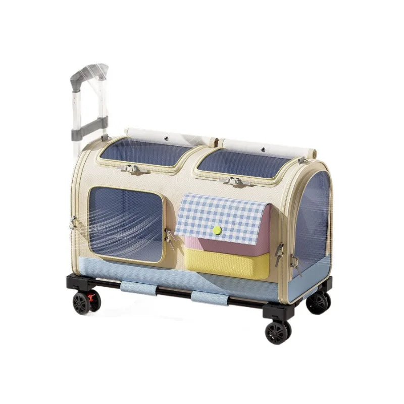 Pet carrier with wheels and a checkered blanket on a white background