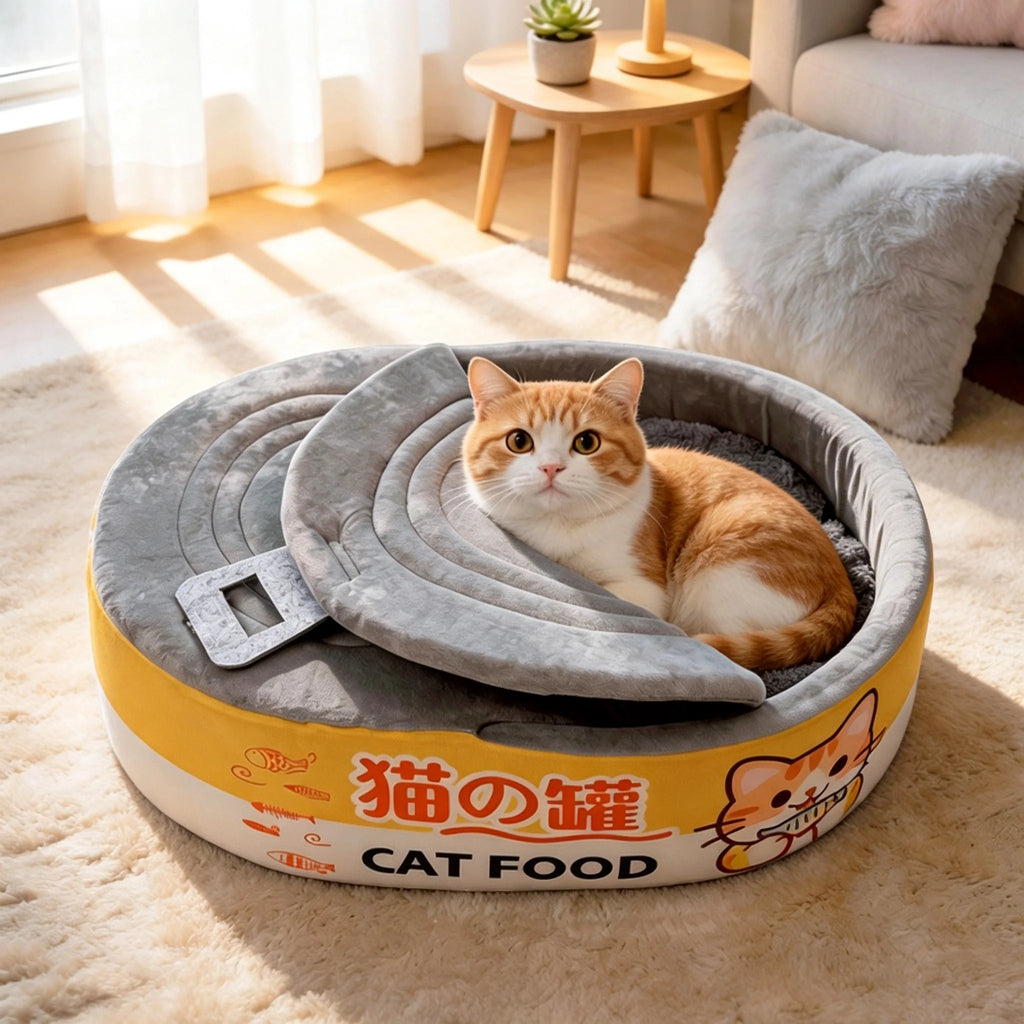 An orange and white cat sits inside a round gray plush cat bed with a yellow band printed with 'CAT FOOD' and Japanese text, placed on a beige rug in a sunlit living room.