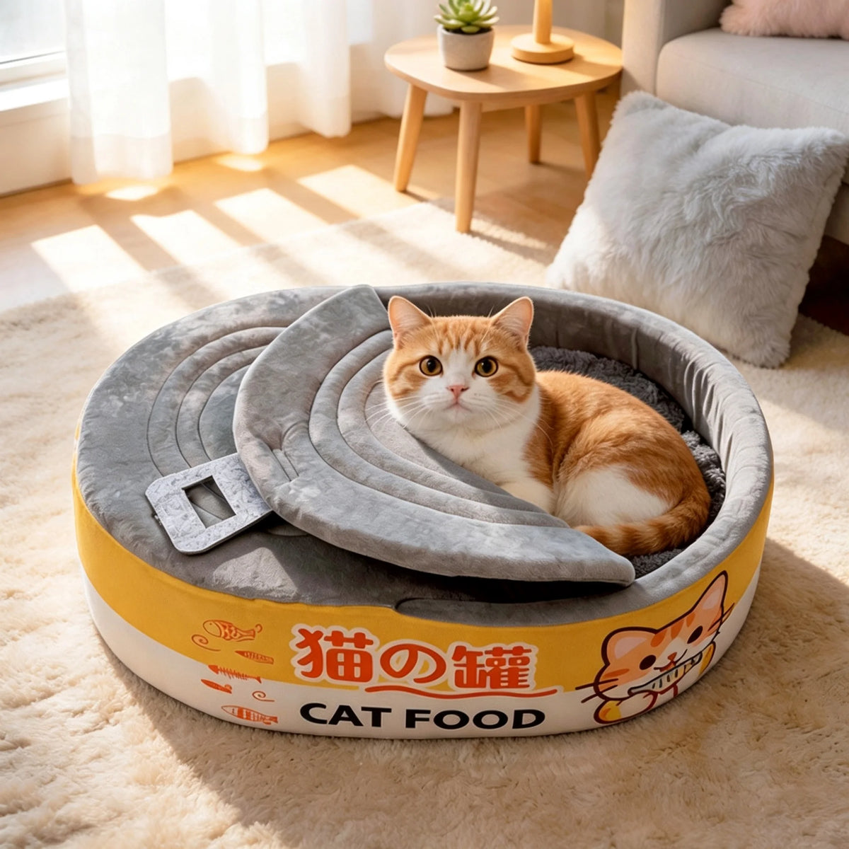 An orange and white cat sits inside a round gray plush cat bed with a yellow band printed with 'CAT FOOD' and Japanese text, placed on a beige rug in a sunlit living room.