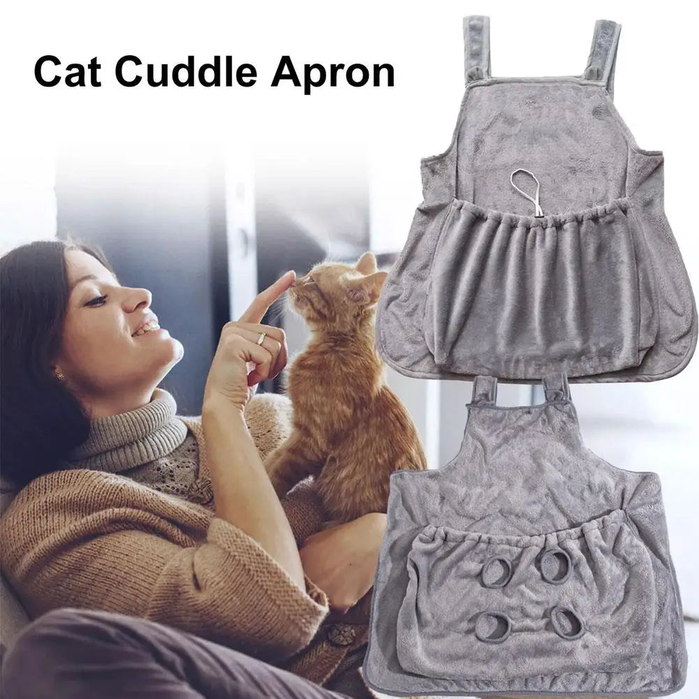 A gray plush cat cuddle apron shown in two views on the right, with a woman holding an orange cat on the left in a home setting. The text 'Cat Cuddle Apron' appears at the top left.