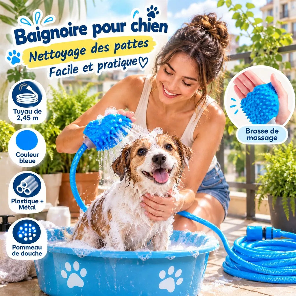 A woman washes a wet dog in a blue plastic tub with a blue hose and blue scrubbing brush. The scene is outdoors with plants and a fence in the background, and French text overlays describe the product features.