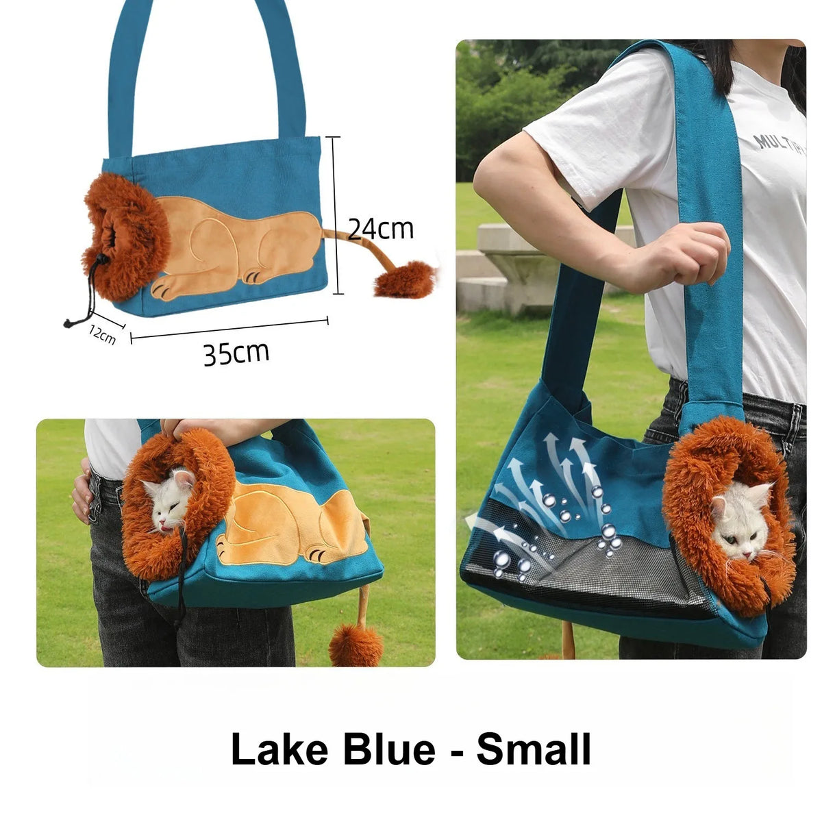 A collage showing a small dog carrier bag in lake blue, including a top-down measurement diagram with dimensions, a lifestyle photo of a person carrying the bag outdoors, and a close-up of the bag with a white cat inside. The bag has a plush lion-face design on the front and a gray interior visible on the side.